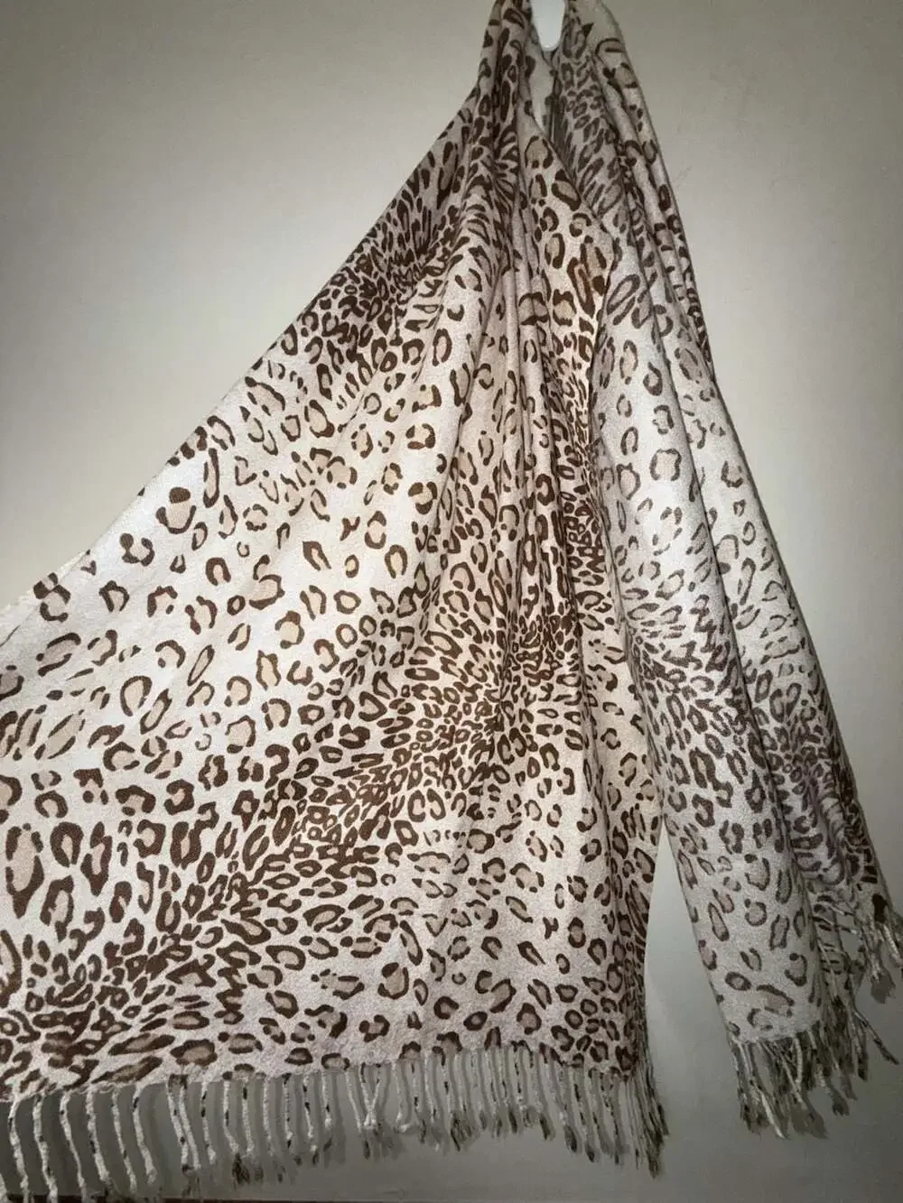 Classic Brown and Ivory Leopard Print Fringed Pashmina Shawl Scarf